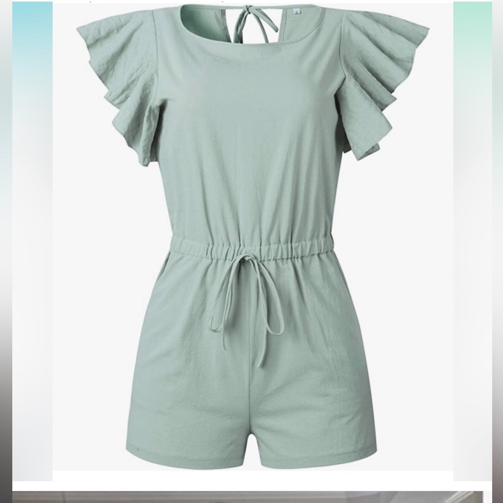 Mint Green Linen Blend Ruffle Sleeve Drawstring Waist Romper